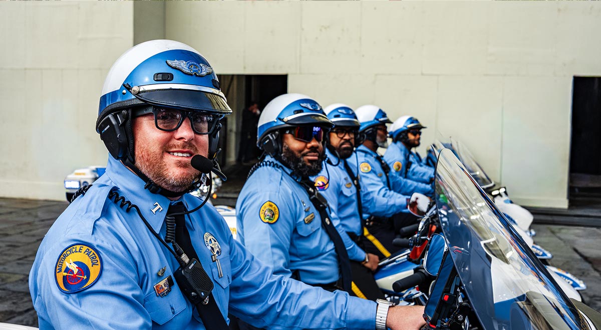 NOPD officers looking forward on Motorcycles