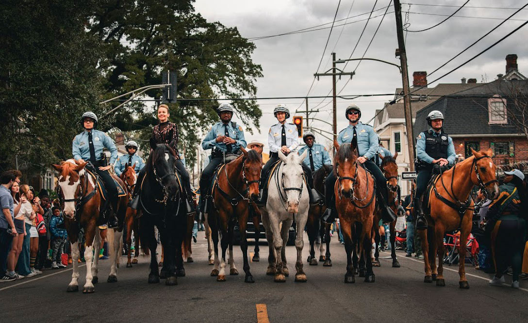 NOPD Officers on horseback with Mayor Moreno