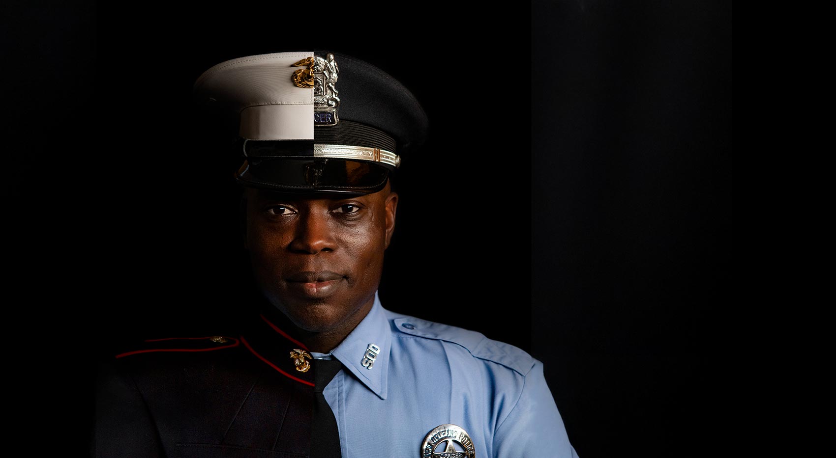 Veteran NOPD Officer facing forward in both uniforms